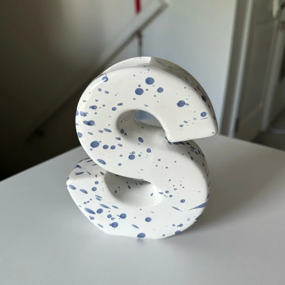 Ceramic Glass 'S' Shape Vase in White/Blue Speckle